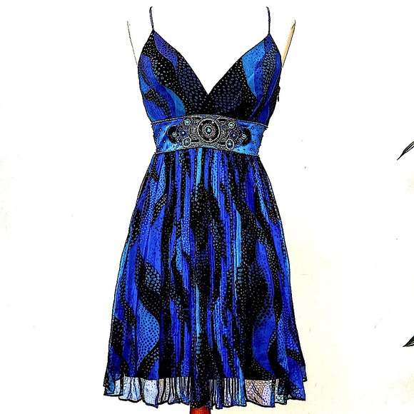 Y2K Laundry Dress Silk in Turquoise Blue Black Intricate Beadwork /Sequined - Picture 1 of 5